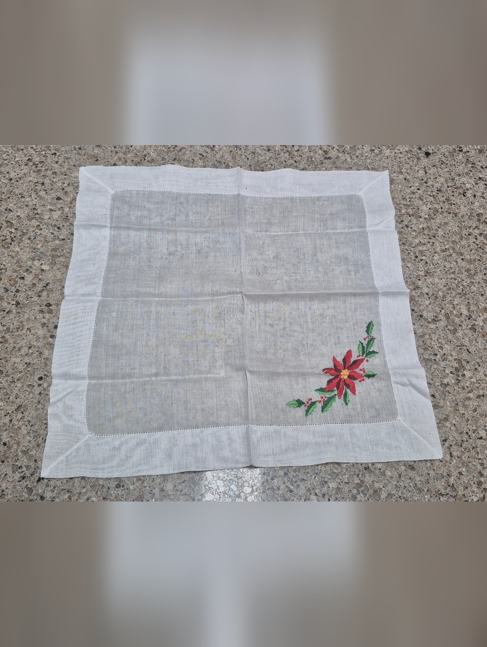 Vtg Christmas Poinsettia Handkerchief Embroider White Linen 12" x 11.5"  Holiday